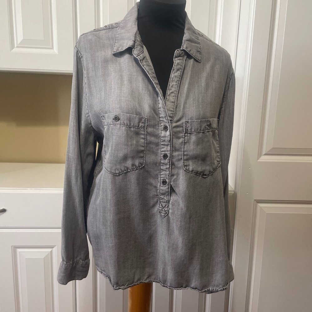 Reba Gray Studded Half Button Up Collared Western Blouse Top Shirt Large